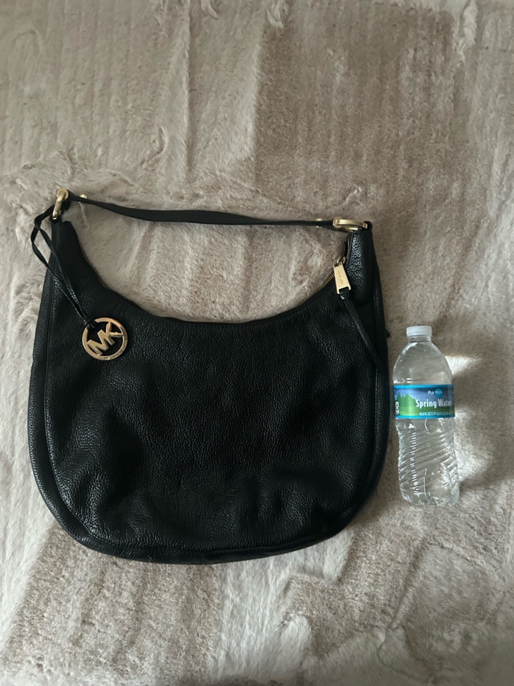 Michael Kors Black Pebbled Leather Hobo Shoulder Bag with Gold Logo Charm